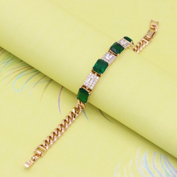 "Elegant Rose Gold Bracelet with Emerald Green and White Stones, XPBL0809 - Picture 2 of 12